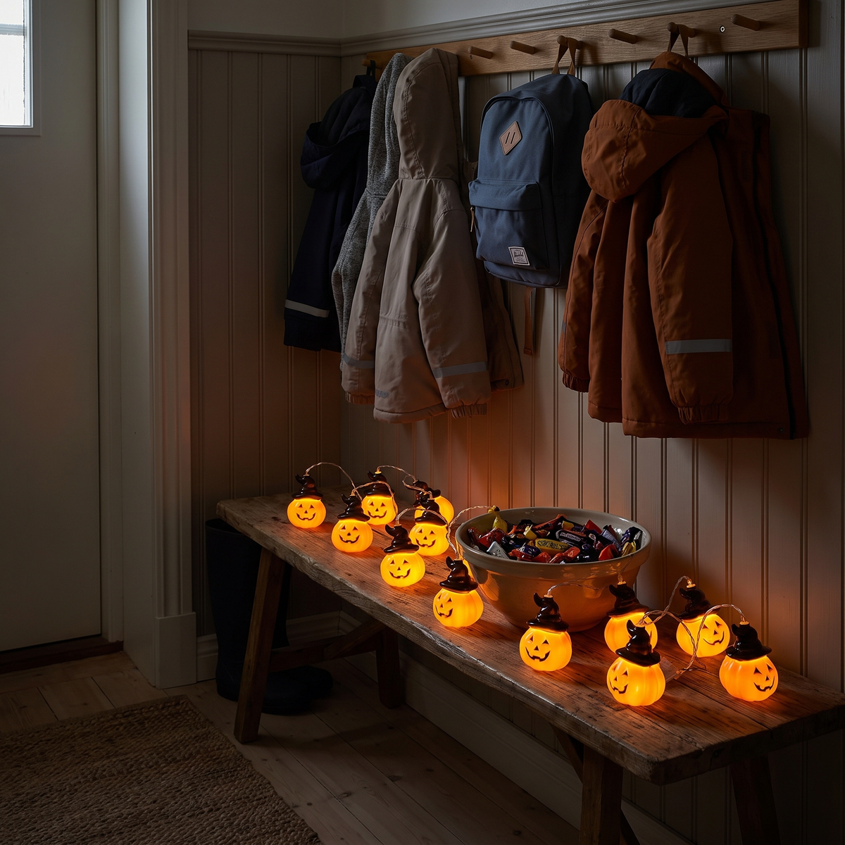 Umbra på bänken i hallen bredvid godisskålen