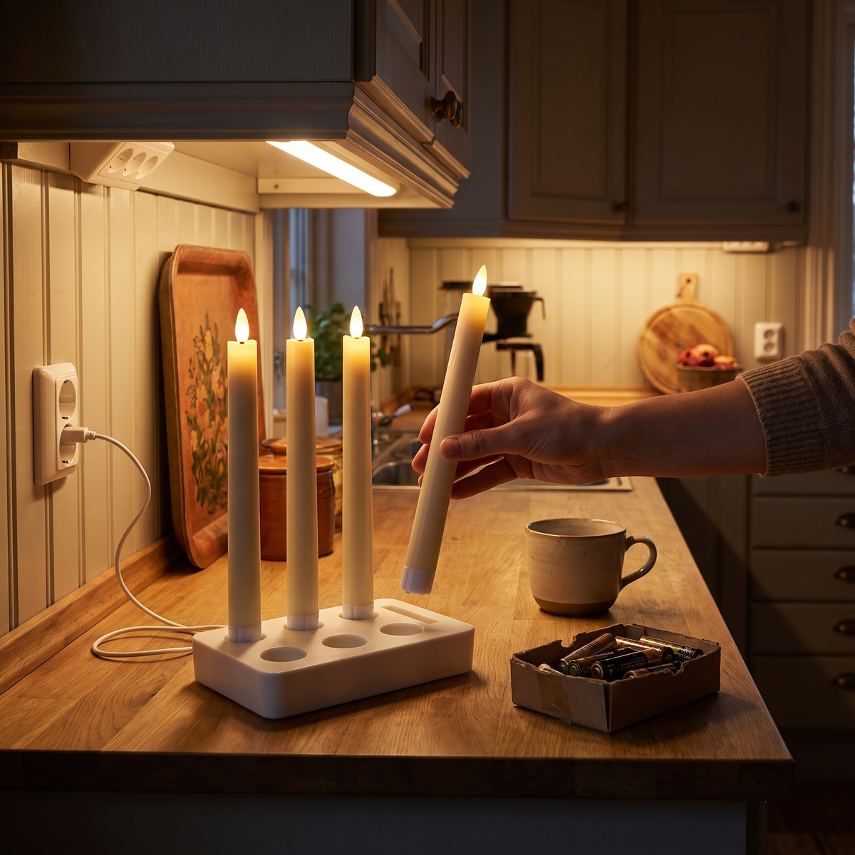 En hand ställer tillbaka ett Vela-kronljus i laddstationen på köksbänken, bredvid en ask med gamla batterier
