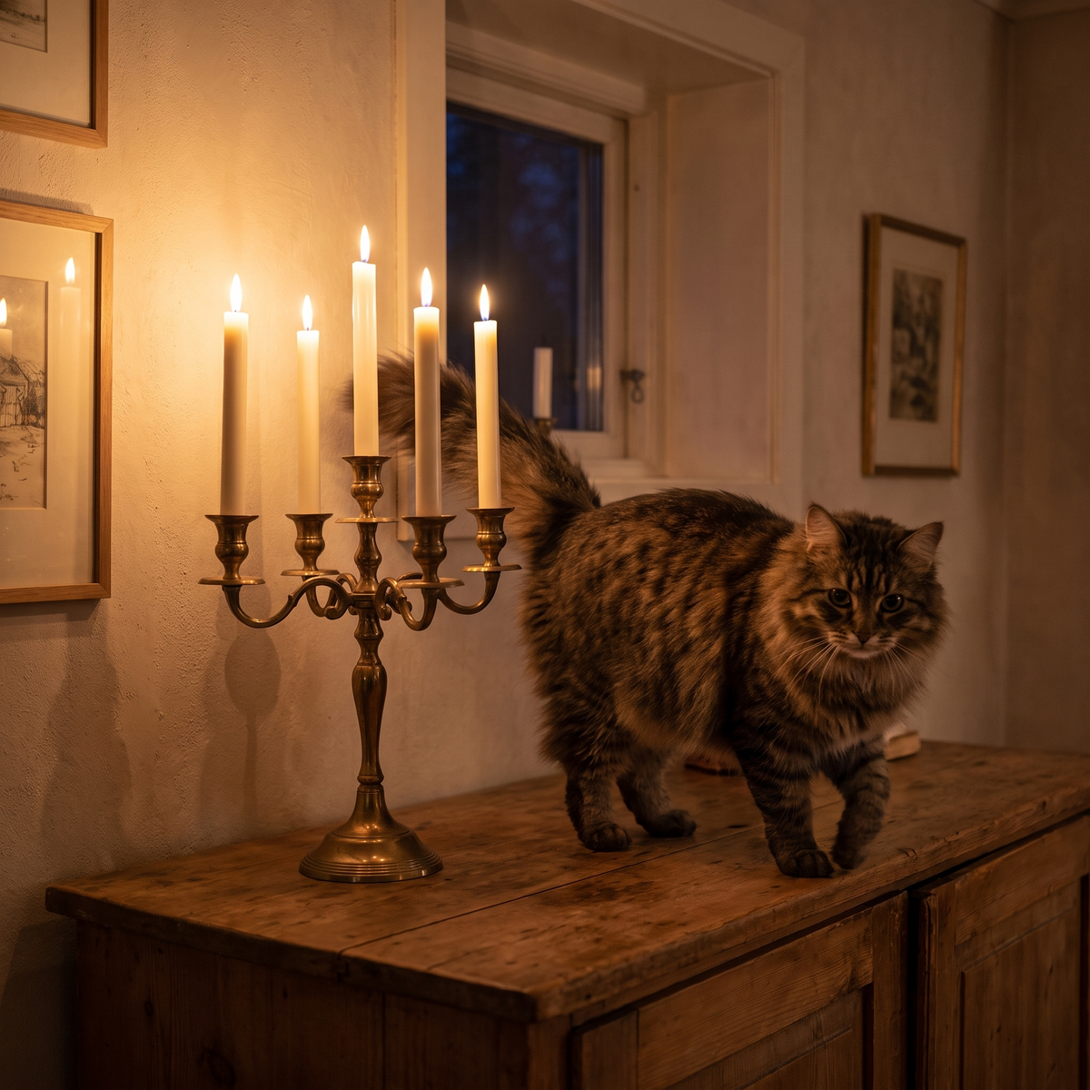 En katt går förbi en tänd kandelaber med Vela-kronljus på en skänk en decemberkväll
