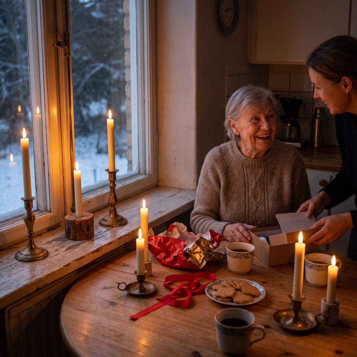 En äldre kvinna öppnar en present vid köksbordet, tända Vela-kronljus i fönstret