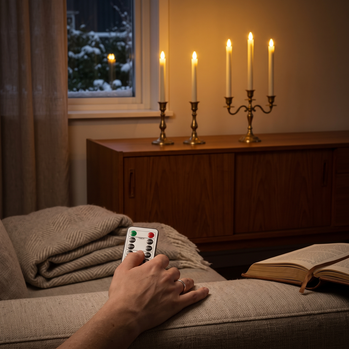 En hand med Velas fjärrkontroll i soffan, tända kronljus i stakar på skänken vid fönstret