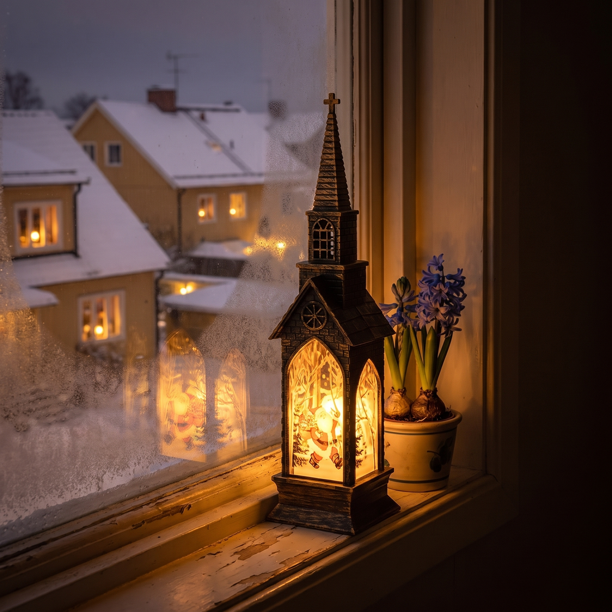 Vesper tänd på en smal fönsterbräda en snöig kväll, grannhusen lyser utanför