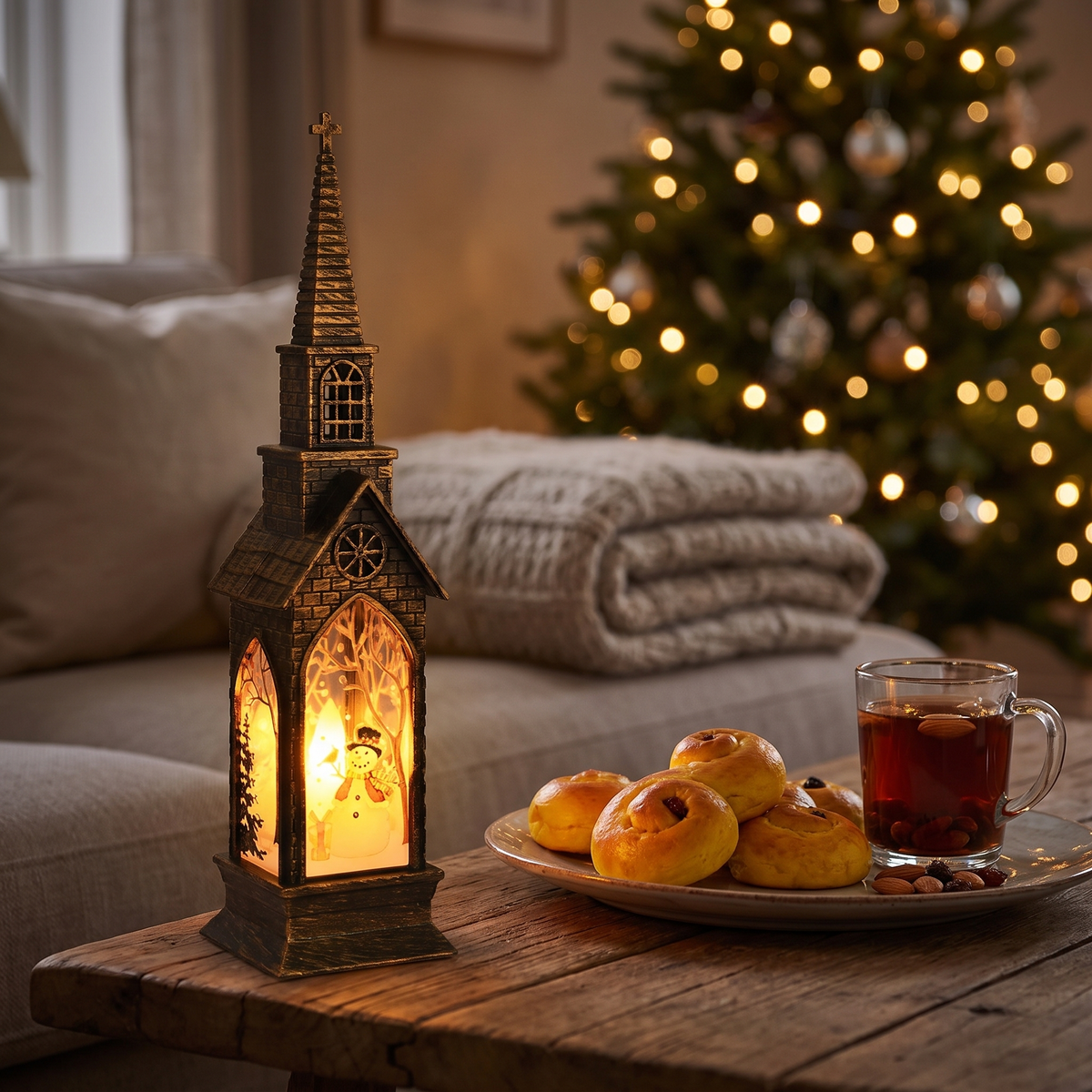Vesper tänd på ett dukat julbord bland pepparkakor och glögg, granen lyser i bakgrunden